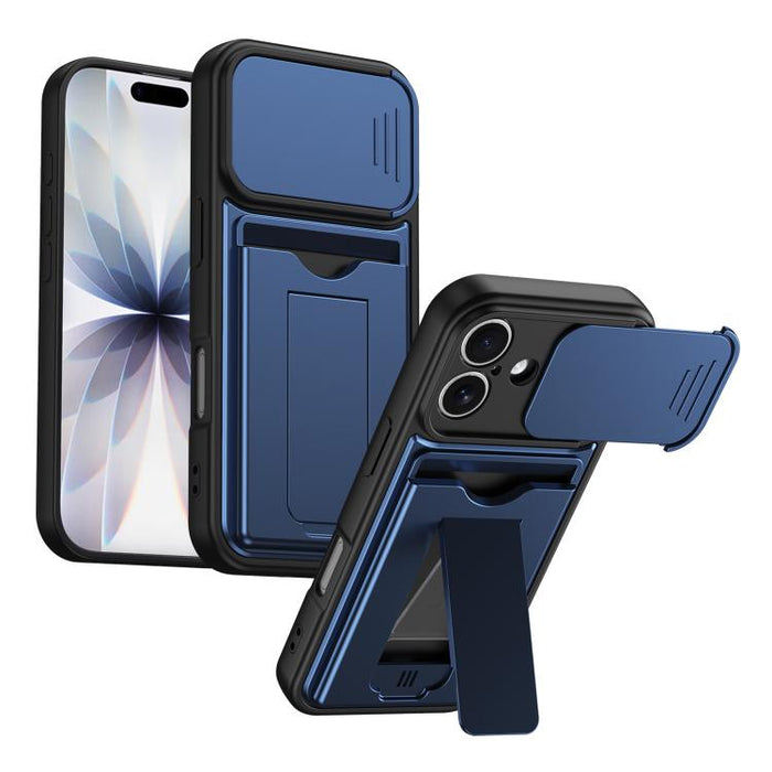 Funda para teléfono híbrida de PC y TPU con tapa deslizante para lente y tarjetero, For iPhone 17 Pro Max, For iPhone 17 Pro, For iPhone 17, For iPhone 16 Pro Max, For iPhone 16 Pro, For iPhone 16
