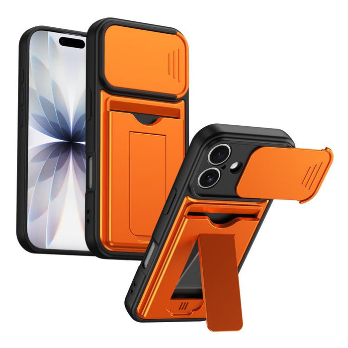 Funda para teléfono híbrida de PC y TPU con tapa deslizante para lente y tarjetero, For iPhone 17 Pro Max, For iPhone 17 Pro, For iPhone 17, For iPhone 16 Pro Max, For iPhone 16 Pro, For iPhone 16