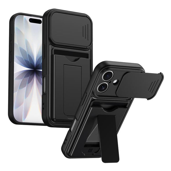 Funda para teléfono híbrida de PC y TPU con tapa deslizante para lente y tarjetero, For iPhone 17 Pro Max, For iPhone 17 Pro, For iPhone 17, For iPhone 16 Pro Max, For iPhone 16 Pro, For iPhone 16