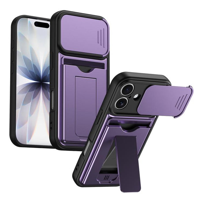 Funda para teléfono híbrida de PC y TPU con tapa deslizante para lente y tarjetero, For iPhone 17 Pro Max, For iPhone 17 Pro, For iPhone 17, For iPhone 16 Pro Max, For iPhone 16 Pro, For iPhone 16