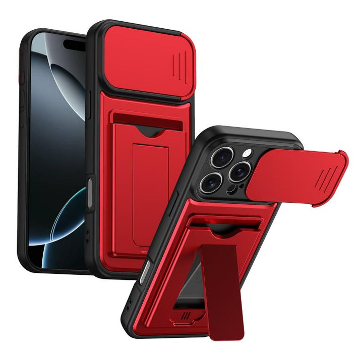 Funda para teléfono híbrida de PC y TPU con tapa deslizante para lente y tarjetero, For iPhone 17 Pro Max, For iPhone 17 Pro, For iPhone 17, For iPhone 16 Pro Max, For iPhone 16 Pro, For iPhone 16