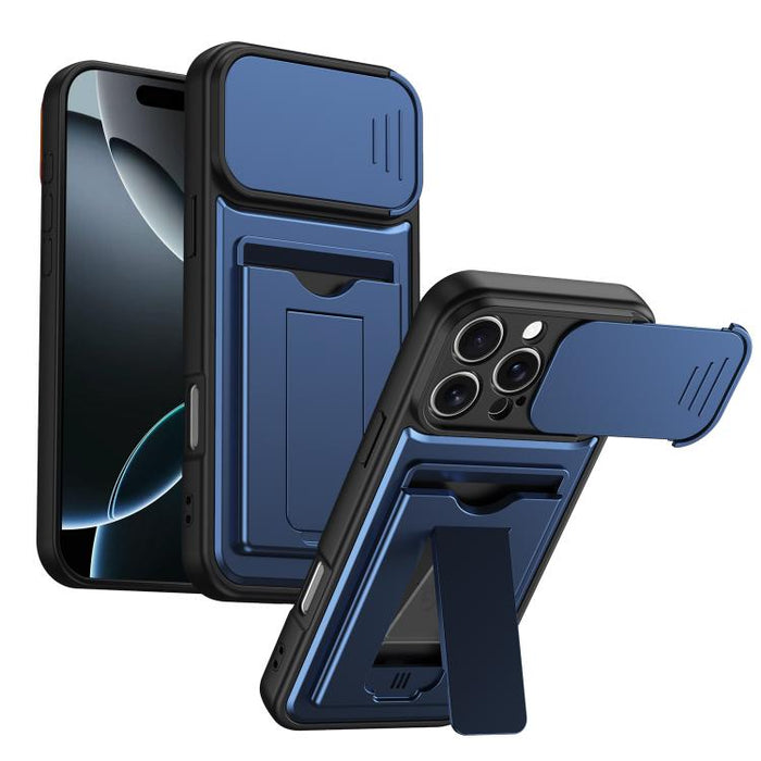 Funda para teléfono híbrida de PC y TPU con tapa deslizante para lente y tarjetero, For iPhone 17 Pro Max, For iPhone 17 Pro, For iPhone 17, For iPhone 16 Pro Max, For iPhone 16 Pro, For iPhone 16