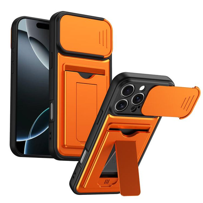 Funda para teléfono híbrida de PC y TPU con tapa deslizante para lente y tarjetero, For iPhone 17 Pro Max, For iPhone 17 Pro, For iPhone 17, For iPhone 16 Pro Max, For iPhone 16 Pro, For iPhone 16