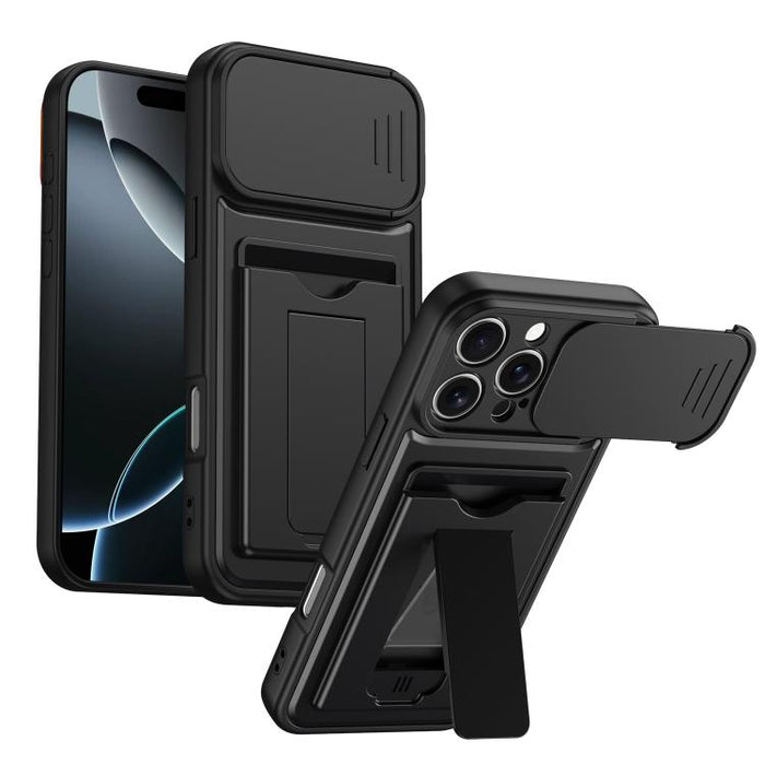 Funda para teléfono híbrida de PC y TPU con tapa deslizante para lente y tarjetero, For iPhone 17 Pro Max, For iPhone 17 Pro, For iPhone 17, For iPhone 16 Pro Max, For iPhone 16 Pro, For iPhone 16