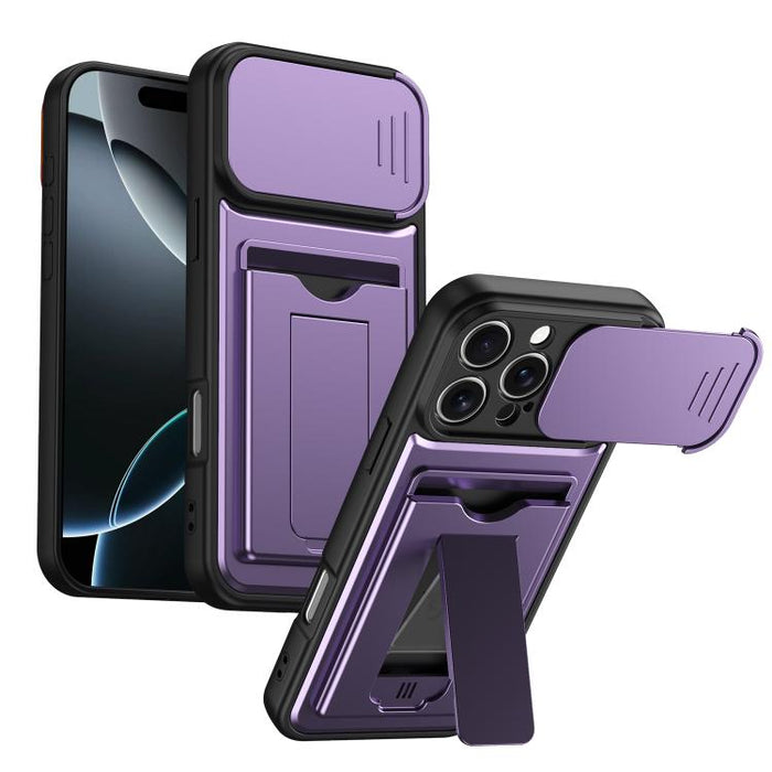 Funda para teléfono híbrida de PC y TPU con tapa deslizante para lente y tarjetero, For iPhone 17 Pro Max, For iPhone 17 Pro, For iPhone 17, For iPhone 16 Pro Max, For iPhone 16 Pro, For iPhone 16