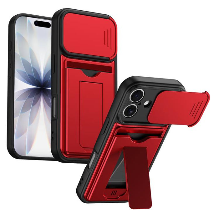 Funda para teléfono híbrida de PC y TPU con tapa deslizante para lente y tarjetero, For iPhone 17 Pro Max, For iPhone 17 Pro, For iPhone 17, For iPhone 16 Pro Max, For iPhone 16 Pro, For iPhone 16