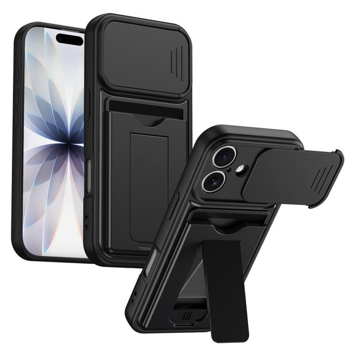 Funda para teléfono híbrida de PC y TPU con tapa deslizante para lente y tarjetero, For iPhone 17 Pro Max, For iPhone 17 Pro, For iPhone 17, For iPhone 16 Pro Max, For iPhone 16 Pro, For iPhone 16