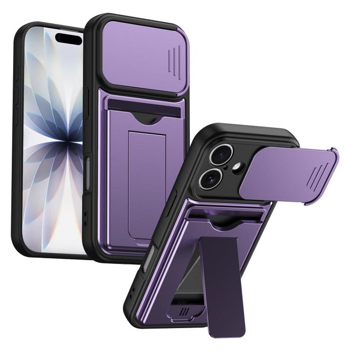 Funda para teléfono híbrida de PC y TPU con tapa deslizante para lente y tarjetero, For iPhone 17 Pro Max, For iPhone 17 Pro, For iPhone 17, For iPhone 16 Pro Max, For iPhone 16 Pro, For iPhone 16