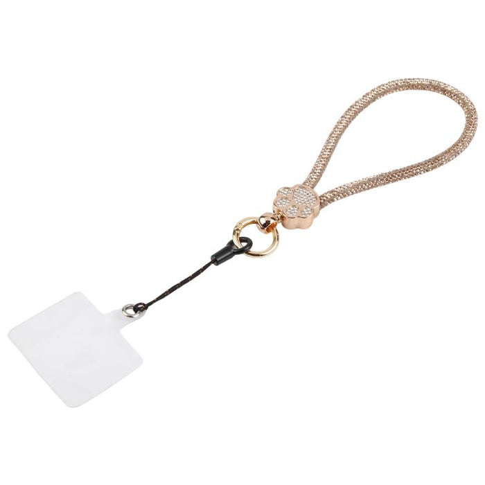 Llavero con colgante de pata de gato y diamantes de imitación, correa de muñeca con almohadilla de sujeción para mujeres y niñas.