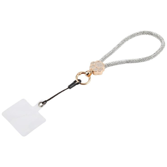 Llavero con colgante de pata de gato y diamantes de imitación, correa de muñeca con almohadilla de sujeción para mujeres y niñas.