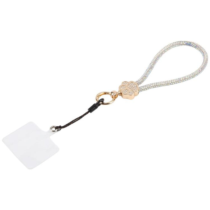 Llavero con colgante de pata de gato y diamantes de imitación, correa de muñeca con almohadilla de sujeción para mujeres y niñas.