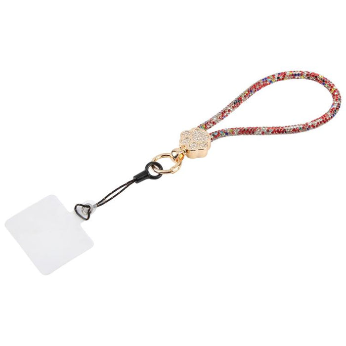 Llavero con colgante de pata de gato y diamantes de imitación, correa de muñeca con almohadilla de sujeción para mujeres y niñas.