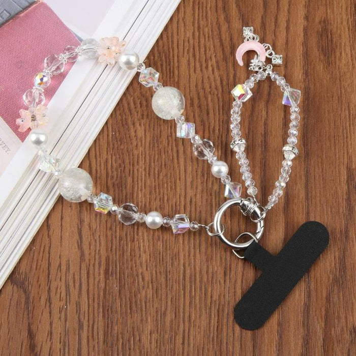 Correa de muñeca corta con colgante de luna creciente y cuentas, con almohadilla de sujeción para mujeres y niñas.