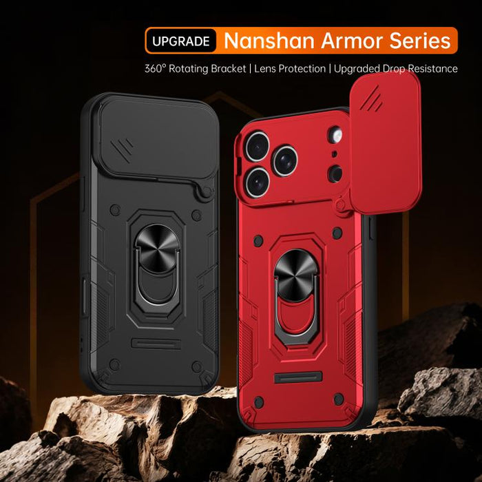 Funda para teléfono Nanshan Armor con soporte deslizante para anillo Camshield, For iPhone 17 Pro Max, For iPhone 17 Pro, For iPhone 17, For iPhone 16 Pro Max, For iPhone 16 Pro, For iPhone 16