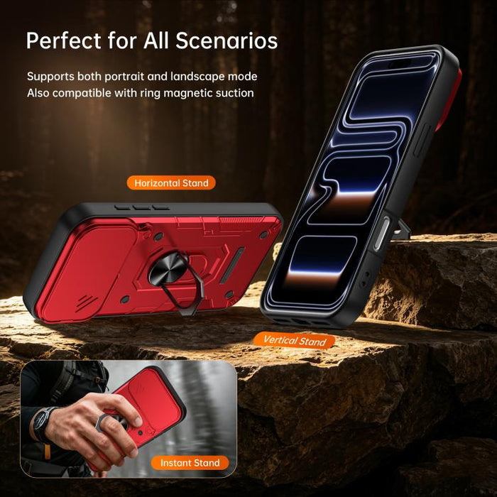 Funda para teléfono Nanshan Armor con soporte deslizante para anillo Camshield, For iPhone 17 Pro Max, For iPhone 17 Pro, For iPhone 17, For iPhone 16 Pro Max, For iPhone 16 Pro, For iPhone 16