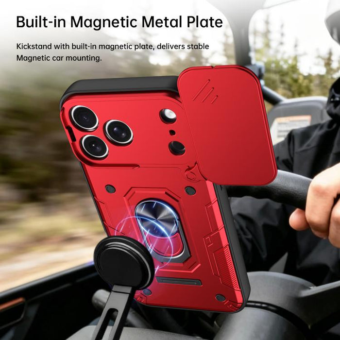 Funda para teléfono Nanshan Armor con soporte deslizante para anillo Camshield, For iPhone 17 Pro Max, For iPhone 17 Pro, For iPhone 17, For iPhone 16 Pro Max, For iPhone 16 Pro, For iPhone 16