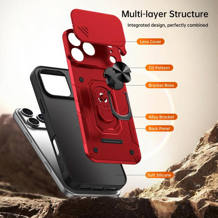 Funda para teléfono Nanshan Armor con soporte deslizante para anillo Camshield, For iPhone 17 Pro Max, For iPhone 17 Pro, For iPhone 17, For iPhone 16 Pro Max, For iPhone 16 Pro, For iPhone 16