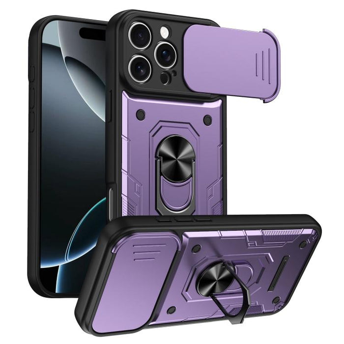 Funda para teléfono Nanshan Armor con soporte deslizante para anillo Camshield, For iPhone 17 Pro Max, For iPhone 17 Pro, For iPhone 17, For iPhone 16 Pro Max, For iPhone 16 Pro, For iPhone 16
