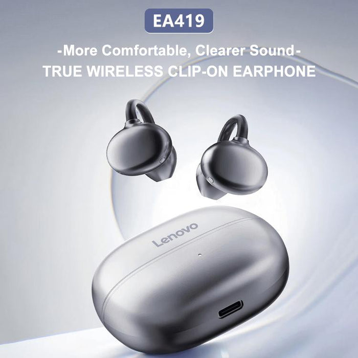 Auriculares inalámbricos Bluetooth Lenovo EA419 con clip para orejas abiertas.