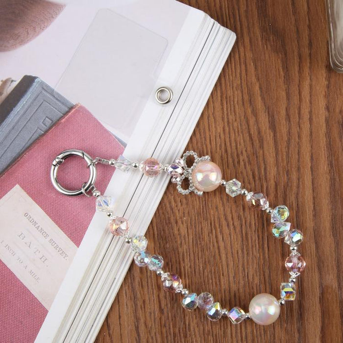Pulsera con colgante de teléfono y cordón de sujeción con cuentas de burbujas de camelia para mujeres y niñas.