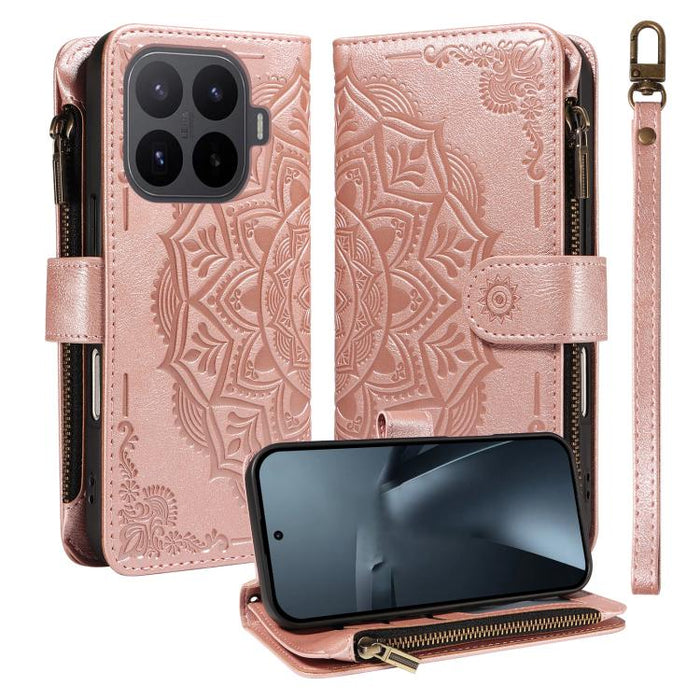 Funda para teléfono móvil de piel vegana con cremallera RFID, diseño de mandala en relieve, capacidad para 9 tarjetas y cordón corto., For Xiaomi 17 Max 5G, For Xiaomi 17T Pro 5G Global, For Xiaomi 17T 5G Global