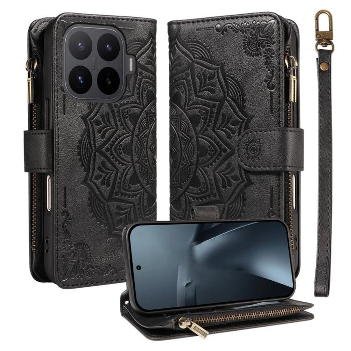 Funda para teléfono móvil de piel vegana con cremallera RFID, diseño de mandala en relieve, capacidad para 9 tarjetas y cordón corto., For Xiaomi 17 Max 5G, For Xiaomi 17T Pro 5G Global, For Xiaomi 17T 5G Global