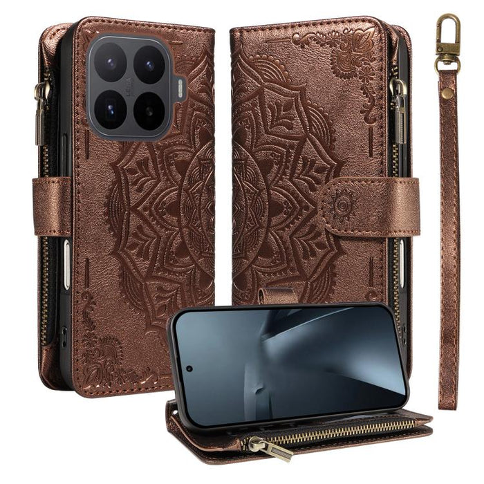 Funda para teléfono móvil de piel vegana con cremallera RFID, diseño de mandala en relieve, capacidad para 9 tarjetas y cordón corto., For Xiaomi 17 Max 5G, For Xiaomi 17T Pro 5G Global, For Xiaomi 17T 5G Global