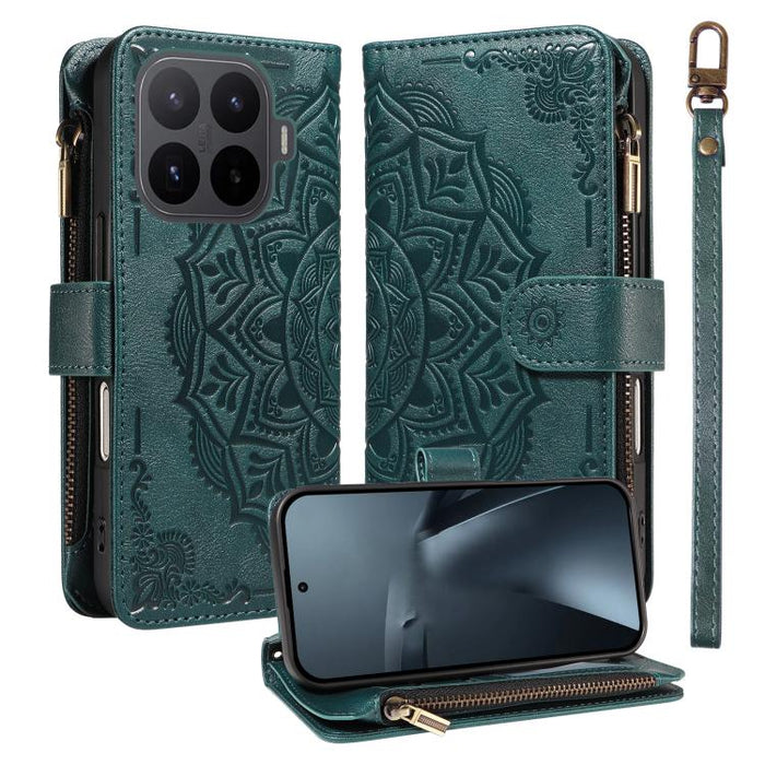 Funda para teléfono móvil de piel vegana con cremallera RFID, diseño de mandala en relieve, capacidad para 9 tarjetas y cordón corto., For Xiaomi 17 Max 5G, For Xiaomi 17T Pro 5G Global, For Xiaomi 17T 5G Global