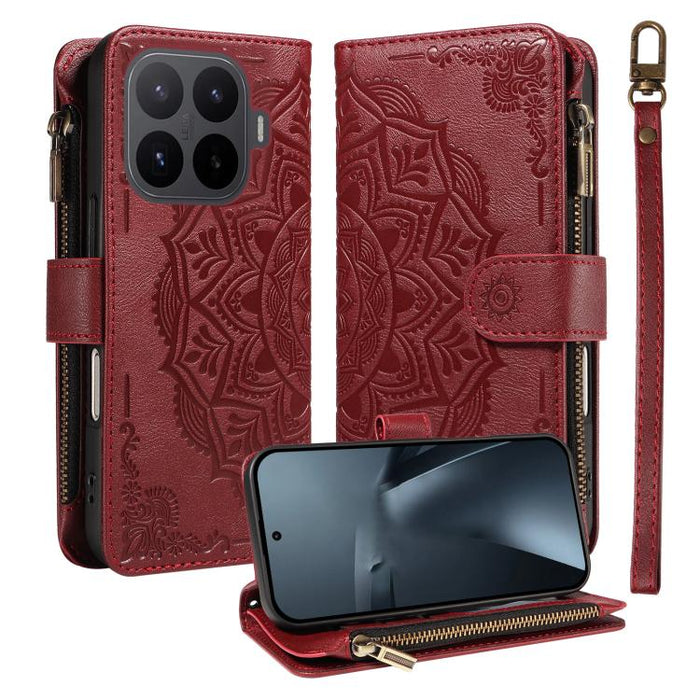 Funda para teléfono móvil de piel vegana con cremallera RFID, diseño de mandala en relieve, capacidad para 9 tarjetas y cordón corto., For Xiaomi 17 Max 5G, For Xiaomi 17T Pro 5G Global, For Xiaomi 17T 5G Global