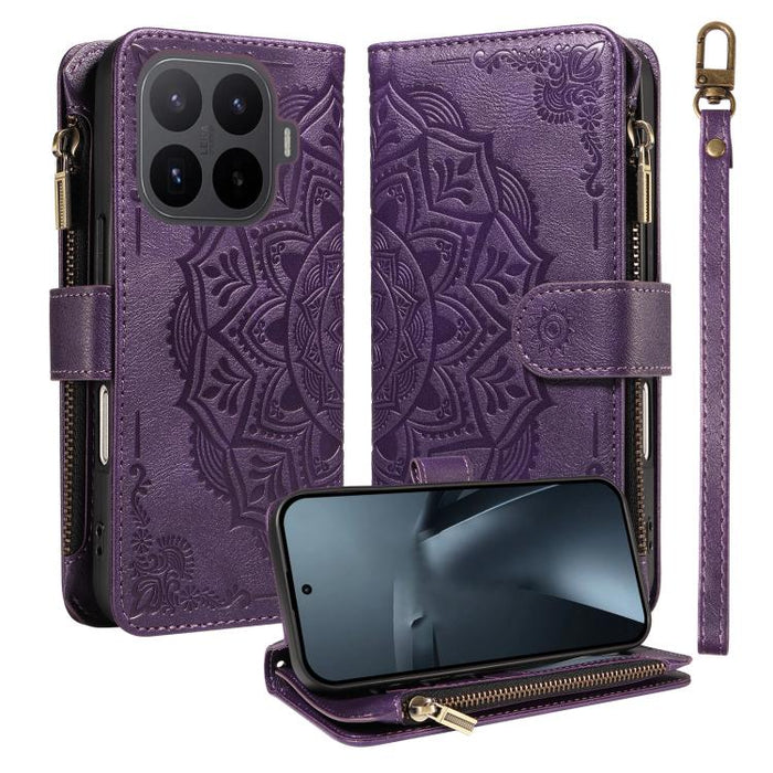 Funda para teléfono móvil de piel vegana con cremallera RFID, diseño de mandala en relieve, capacidad para 9 tarjetas y cordón corto., For Xiaomi 17 Max 5G, For Xiaomi 17T Pro 5G Global, For Xiaomi 17T 5G Global