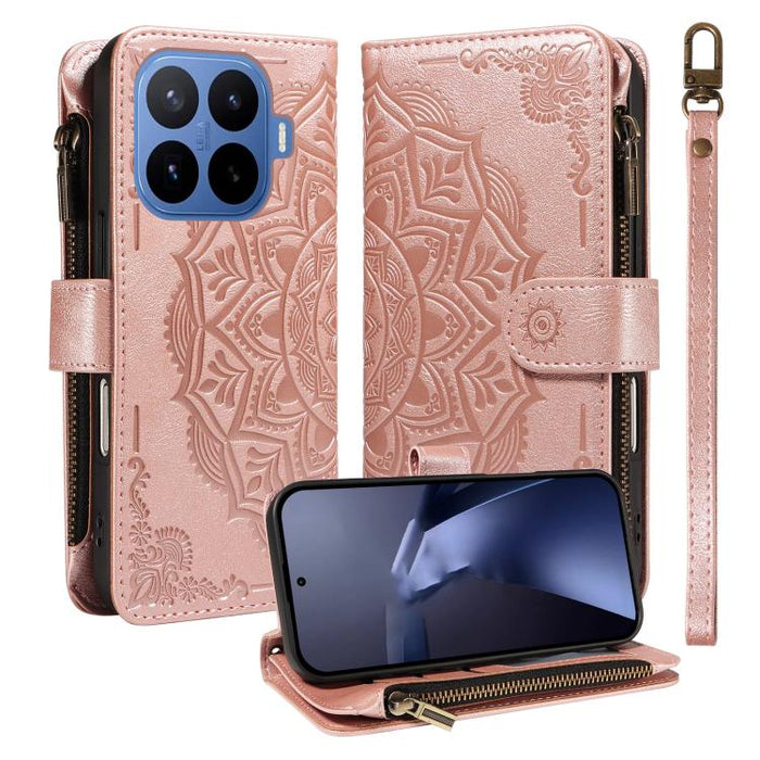 Funda para teléfono móvil de piel vegana con cremallera RFID, diseño de mandala en relieve, capacidad para 9 tarjetas y cordón corto., For Xiaomi 17 Max 5G, For Xiaomi 17T Pro 5G Global, For Xiaomi 17T 5G Global
