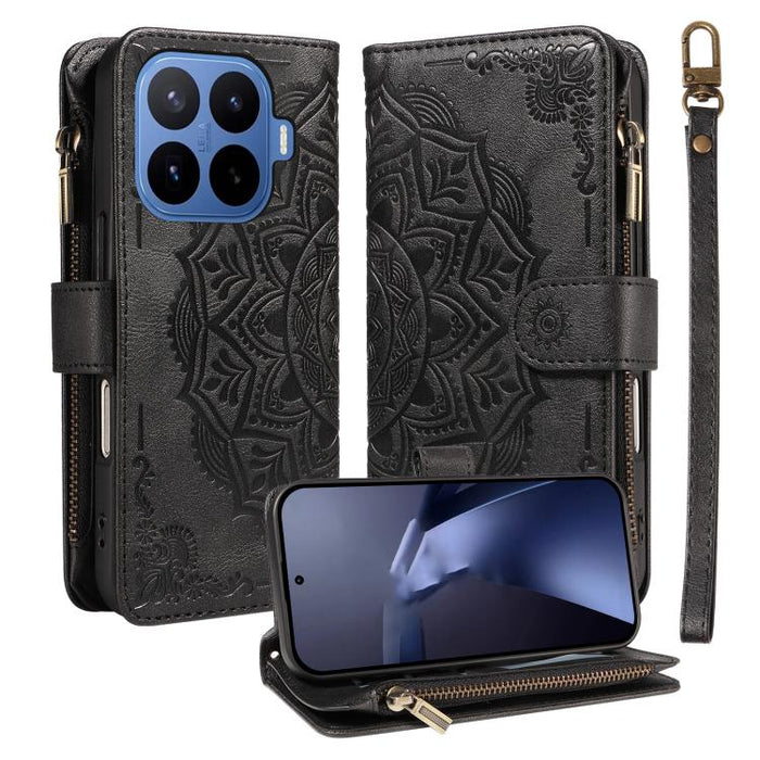 Funda para teléfono móvil de piel vegana con cremallera RFID, diseño de mandala en relieve, capacidad para 9 tarjetas y cordón corto., For Xiaomi 17 Max 5G, For Xiaomi 17T Pro 5G Global, For Xiaomi 17T 5G Global