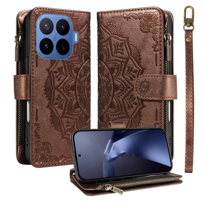 Funda para teléfono móvil de piel vegana con cremallera RFID, diseño de mandala en relieve, capacidad para 9 tarjetas y cordón corto., For Xiaomi 17 Max 5G, For Xiaomi 17T Pro 5G Global, For Xiaomi 17T 5G Global