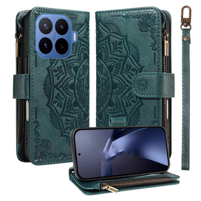 Funda para teléfono móvil de piel vegana con cremallera RFID, diseño de mandala en relieve, capacidad para 9 tarjetas y cordón corto., For Xiaomi 17 Max 5G, For Xiaomi 17T Pro 5G Global, For Xiaomi 17T 5G Global