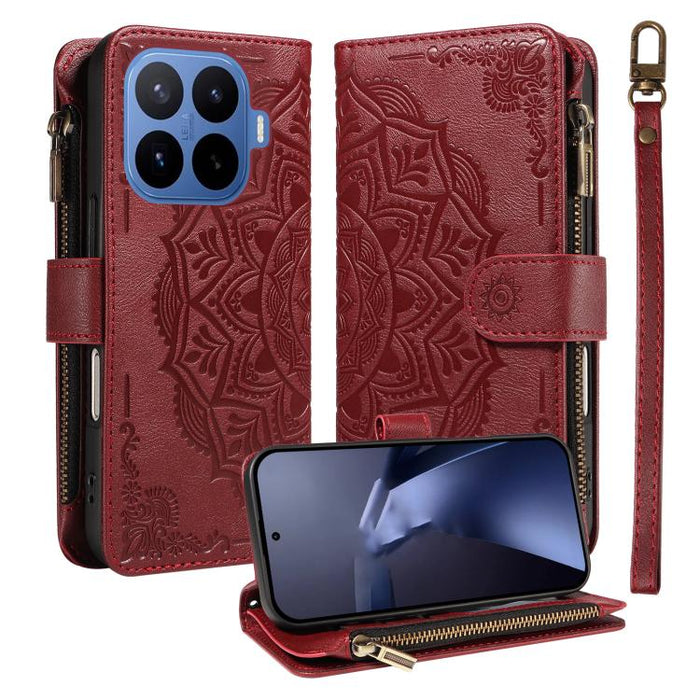 Funda para teléfono móvil de piel vegana con cremallera RFID, diseño de mandala en relieve, capacidad para 9 tarjetas y cordón corto., For Xiaomi 17 Max 5G, For Xiaomi 17T Pro 5G Global, For Xiaomi 17T 5G Global
