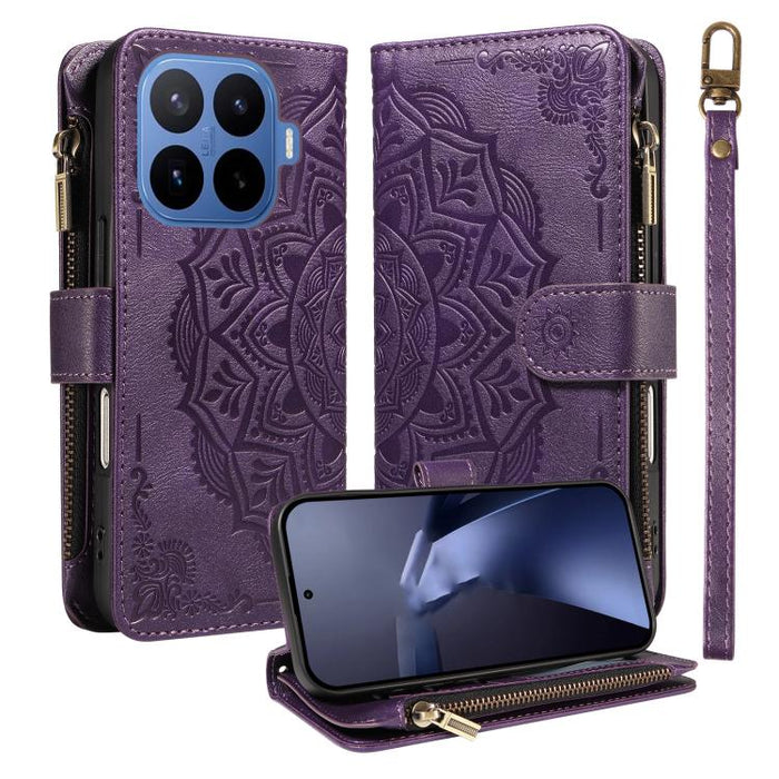 Funda para teléfono móvil de piel vegana con cremallera RFID, diseño de mandala en relieve, capacidad para 9 tarjetas y cordón corto., For Xiaomi 17 Max 5G, For Xiaomi 17T Pro 5G Global, For Xiaomi 17T 5G Global