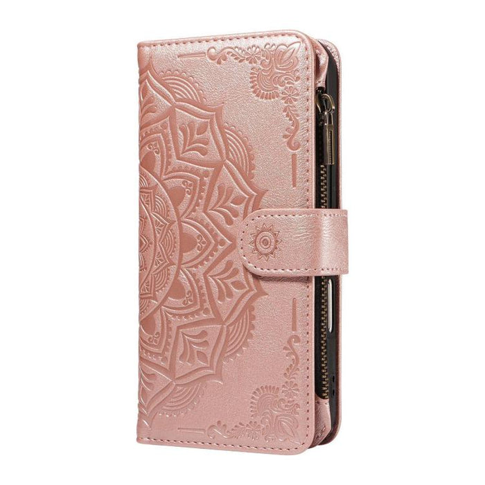 Funda para teléfono móvil de piel vegana con cremallera RFID, diseño de mandala en relieve, capacidad para 9 tarjetas y cordón corto., For Xiaomi 17 Max 5G, For Xiaomi 17T Pro 5G Global, For Xiaomi 17T 5G Global