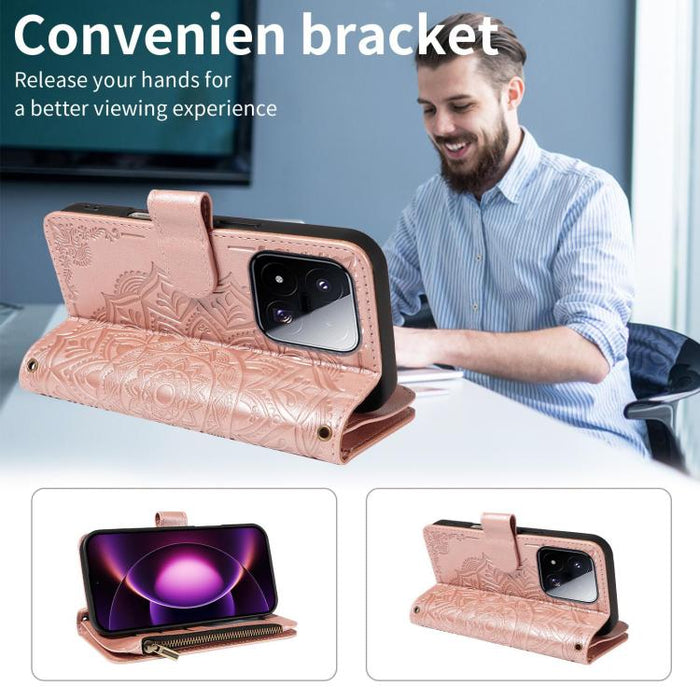 Funda para teléfono móvil de piel vegana con cremallera RFID, diseño de mandala en relieve, capacidad para 9 tarjetas y cordón corto., For Xiaomi 17 Max 5G, For Xiaomi 17T Pro 5G Global, For Xiaomi 17T 5G Global