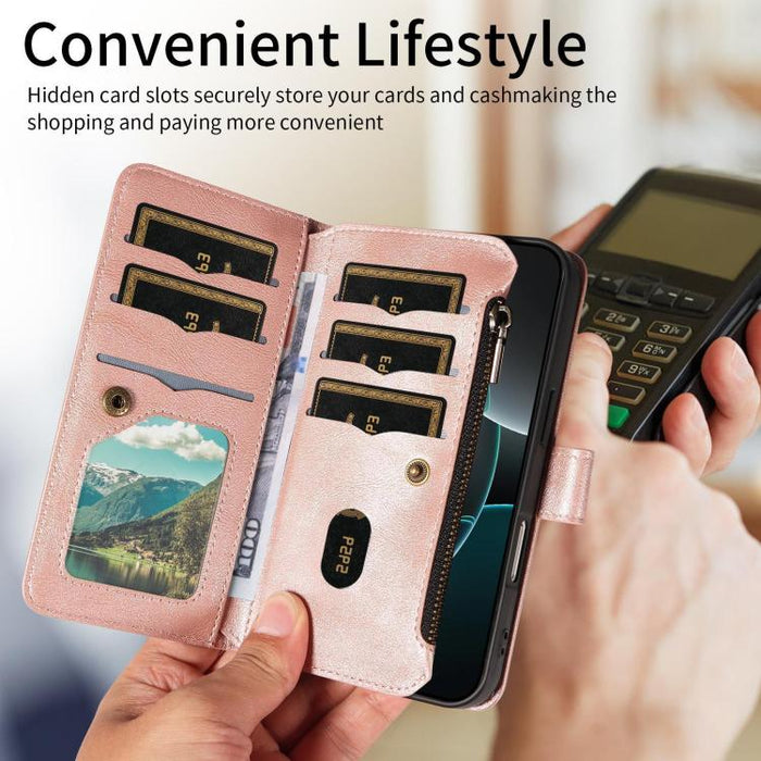 Funda para teléfono móvil de piel vegana con cremallera RFID, diseño de mandala en relieve, capacidad para 9 tarjetas y cordón corto., For Xiaomi 17 Max 5G, For Xiaomi 17T Pro 5G Global, For Xiaomi 17T 5G Global