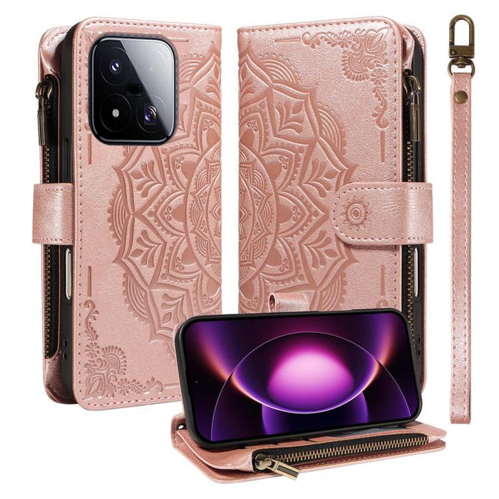 Funda para teléfono móvil de piel vegana con cremallera RFID, diseño de mandala en relieve, capacidad para 9 tarjetas y cordón corto., For Xiaomi 17 Max 5G, For Xiaomi 17T Pro 5G Global, For Xiaomi 17T 5G Global