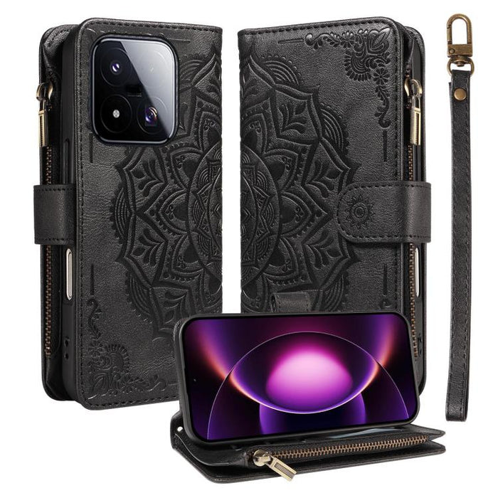 Funda para teléfono móvil de piel vegana con cremallera RFID, diseño de mandala en relieve, capacidad para 9 tarjetas y cordón corto., For Xiaomi 17 Max 5G, For Xiaomi 17T Pro 5G Global, For Xiaomi 17T 5G Global