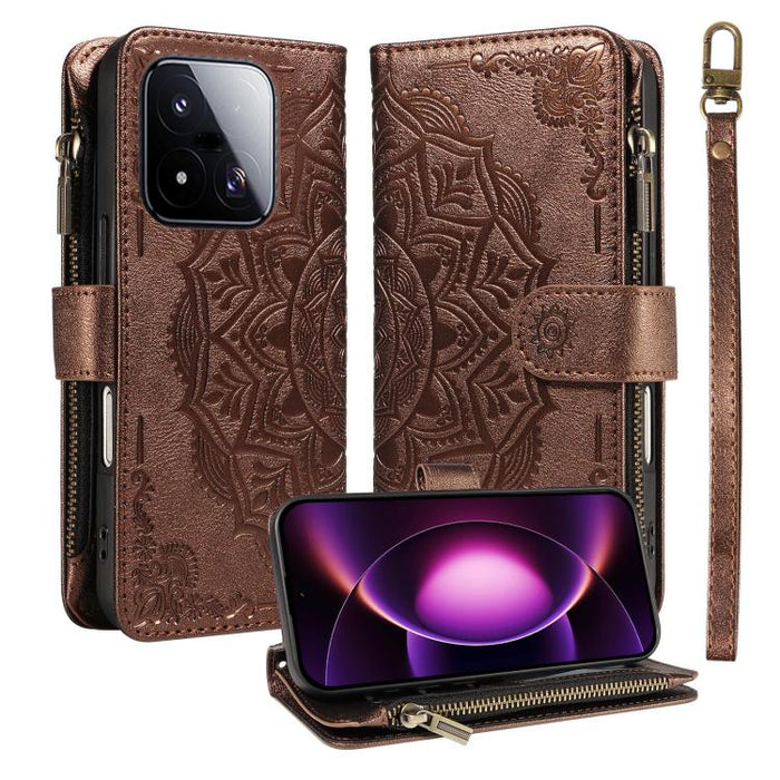 Funda para teléfono móvil de piel vegana con cremallera RFID, diseño de mandala en relieve, capacidad para 9 tarjetas y cordón corto., For Xiaomi 17 Max 5G, For Xiaomi 17T Pro 5G Global, For Xiaomi 17T 5G Global