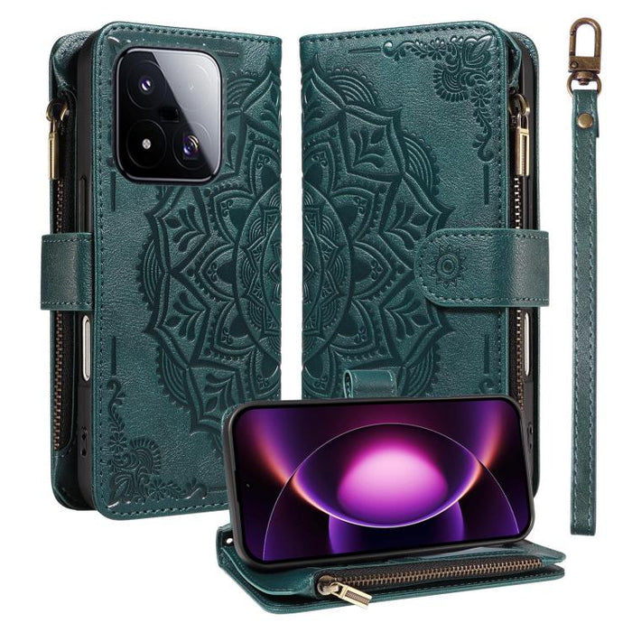 Funda para teléfono móvil de piel vegana con cremallera RFID, diseño de mandala en relieve, capacidad para 9 tarjetas y cordón corto., For Xiaomi 17 Max 5G, For Xiaomi 17T Pro 5G Global, For Xiaomi 17T 5G Global