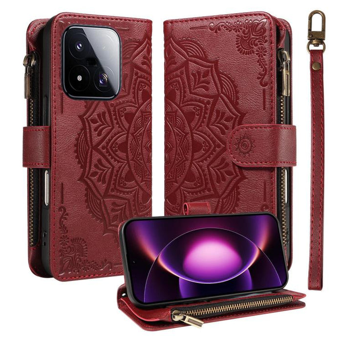 Funda para teléfono móvil de piel vegana con cremallera RFID, diseño de mandala en relieve, capacidad para 9 tarjetas y cordón corto., For Xiaomi 17 Max 5G, For Xiaomi 17T Pro 5G Global, For Xiaomi 17T 5G Global
