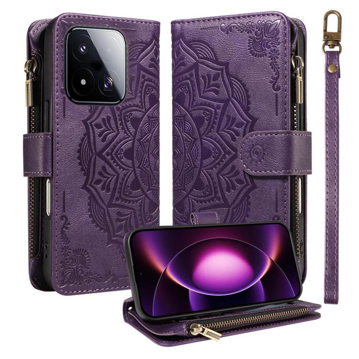 Funda para teléfono móvil de piel vegana con cremallera RFID, diseño de mandala en relieve, capacidad para 9 tarjetas y cordón corto., For Xiaomi 17 Max 5G, For Xiaomi 17T Pro 5G Global, For Xiaomi 17T 5G Global