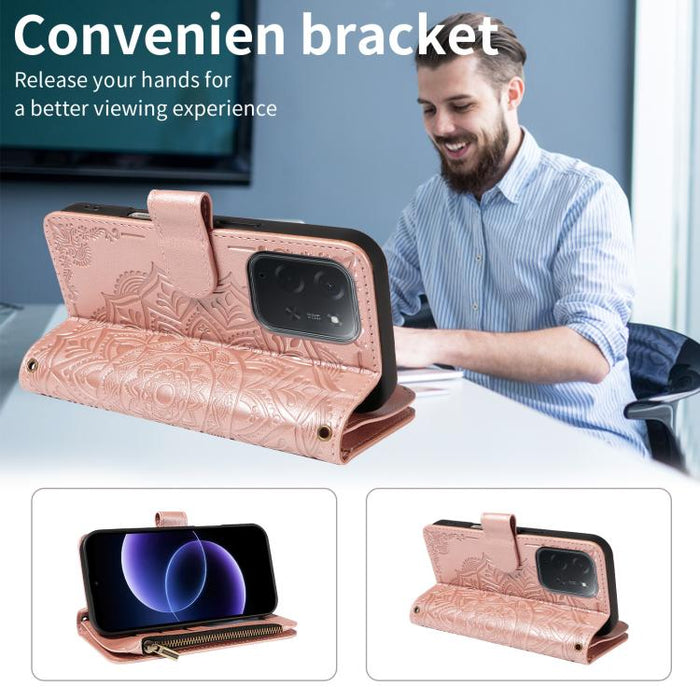 Funda para teléfono móvil de piel vegana con cremallera RFID, diseño de mandala en relieve, capacidad para 9 tarjetas y cordón corto., For Xiaomi 17 Max 5G, For Xiaomi 17T Pro 5G Global, For Xiaomi 17T 5G Global