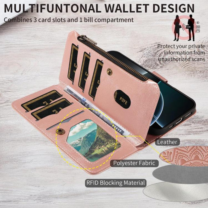 Funda para teléfono móvil de piel vegana con cremallera RFID, diseño de mandala en relieve, capacidad para 9 tarjetas y cordón corto., For Xiaomi 17 Max 5G, For Xiaomi 17T Pro 5G Global, For Xiaomi 17T 5G Global