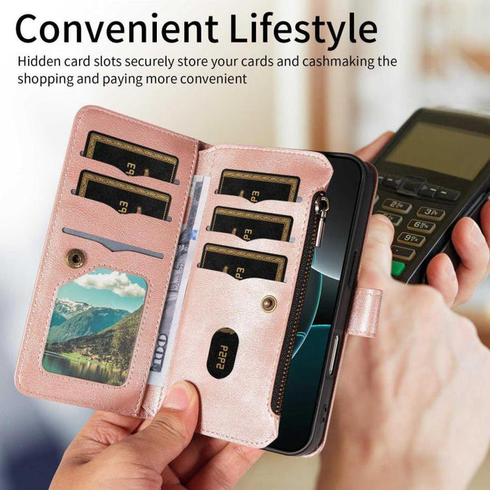 Funda para teléfono móvil de piel vegana con cremallera RFID, diseño de mandala en relieve, capacidad para 9 tarjetas y cordón corto., For Xiaomi 17 Max 5G, For Xiaomi 17T Pro 5G Global, For Xiaomi 17T 5G Global