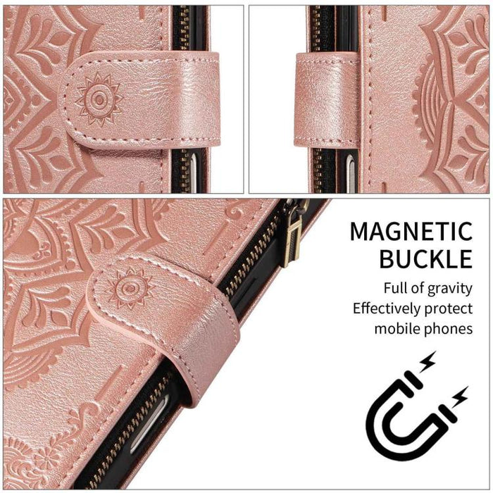 Funda para teléfono móvil de piel vegana con cremallera RFID, diseño de mandala en relieve, capacidad para 9 tarjetas y cordón corto., For Xiaomi 17 Max 5G, For Xiaomi 17T Pro 5G Global, For Xiaomi 17T 5G Global