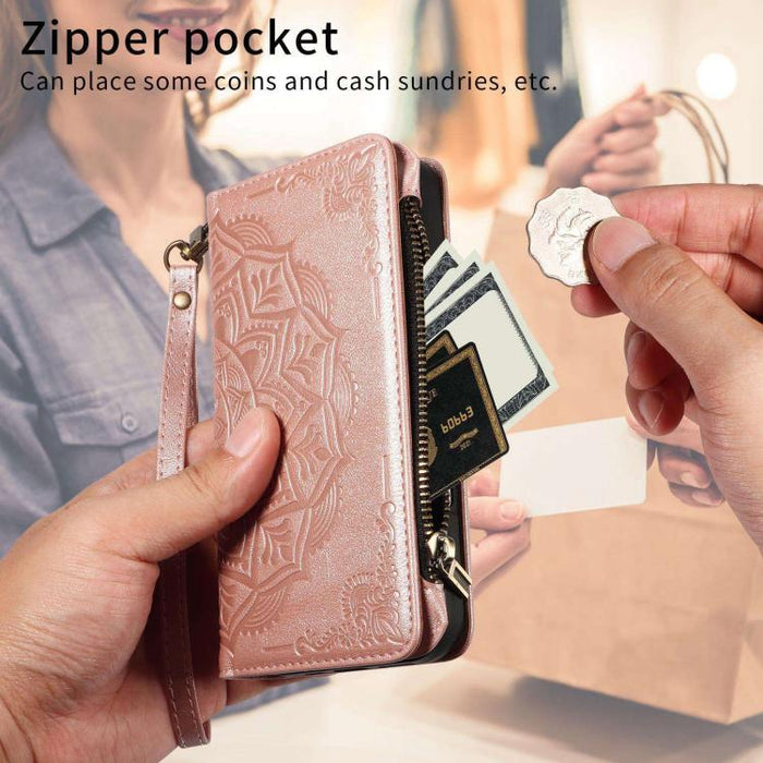 Funda para teléfono móvil de piel vegana con cremallera RFID, diseño de mandala en relieve, capacidad para 9 tarjetas y cordón corto., For Xiaomi 17 Max 5G, For Xiaomi 17T Pro 5G Global, For Xiaomi 17T 5G Global